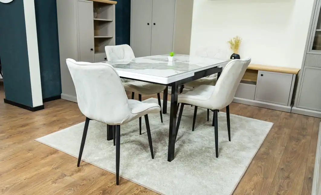 Set Masă Living Extensibilă Blat Ceramic KJT416 Alb-Cappuccino cu 4 Scaune KJC0357 Bej 10