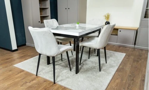 Set Masă Living Extensibilă Blat Ceramic KJT416 Alb-Cappuccino cu 4 Scaune KJC0357 Bej