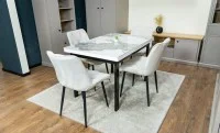 Set Masă Living Extensibilă Blat Ceramic KJT416 Alb-Cappuccino cu 4 Scaune KJC0357 Bej