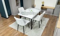 Set Masă Living Extensibilă Blat Ceramic KJT416 Alb-Cappuccino cu 4 Scaune KJC0357 Bej