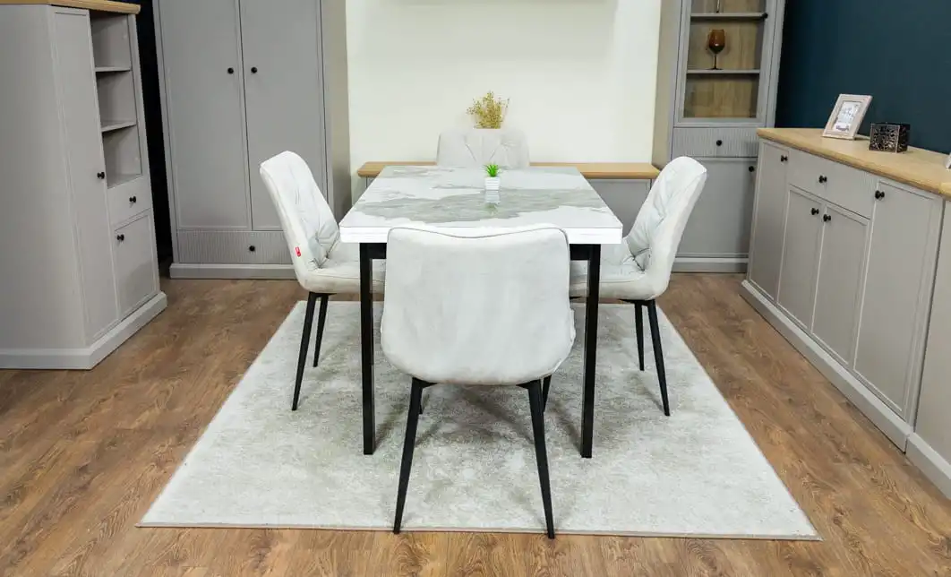 Set Masă Living Extensibilă Blat Ceramic KJT416 Alb-Cappuccino cu 4 Scaune KJC0357 Bej 6