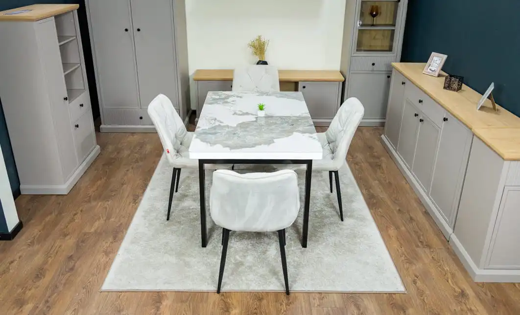 Set Masă Living Extensibilă Blat Ceramic KJT416 Alb-Cappuccino cu 4 Scaune KJC0357 Bej 7