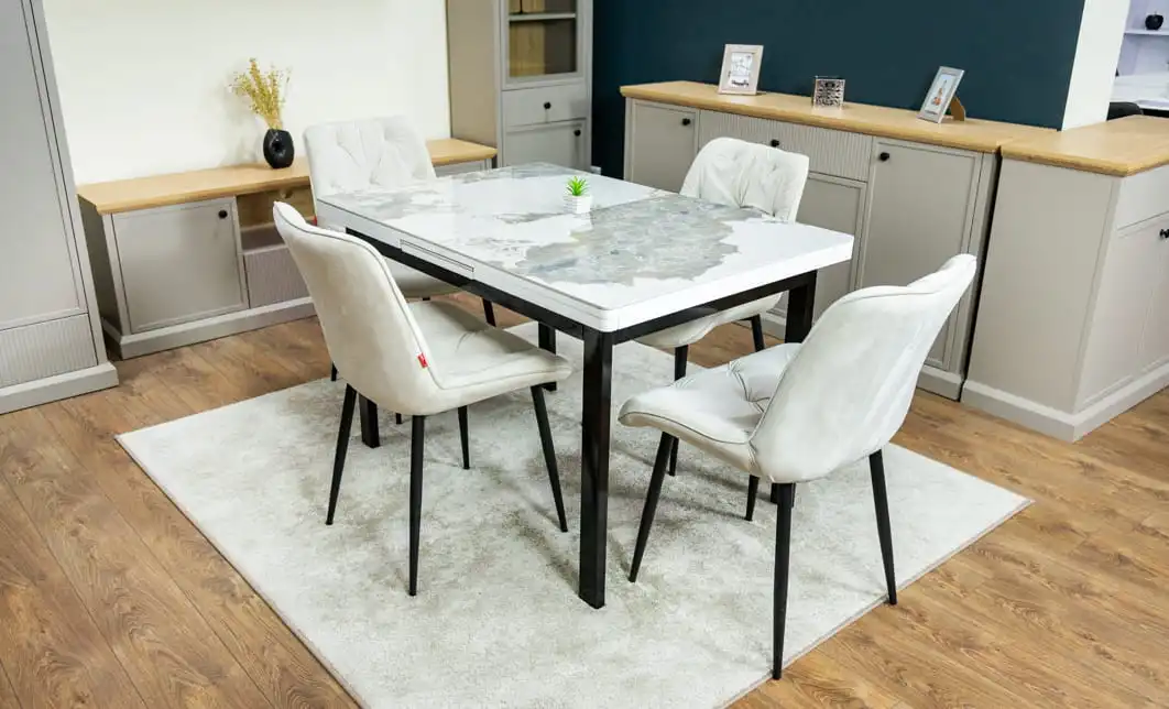Set Masă Living Extensibilă Blat Ceramic KJT416 Alb-Cappuccino cu 4 Scaune KJC0357 Bej 4