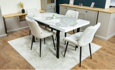 Set Masă Living Extensibilă Blat Ceramic KJT416 Alb-Cappuccino cu 4 Scaune KJC0357 Bej