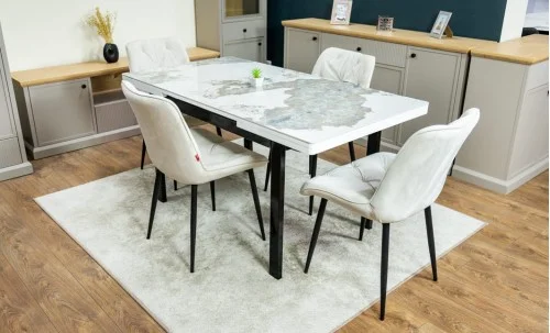 Set Masă Living Extensibilă Blat Ceramic KJT416 Alb-Cappuccino cu 4 Scaune KJC0357 Bej