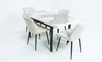 Set Masă Living Extensibilă Blat Ceramic KJT416 Alb-Cappuccino cu 4 Scaune KJC0357 Bej 1