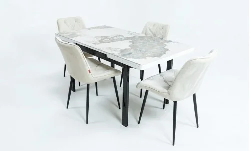 Set Masă Living Extensibilă Blat Ceramic KJT416 Alb-Cappuccino cu 4 Scaune KJC0357 Bej
