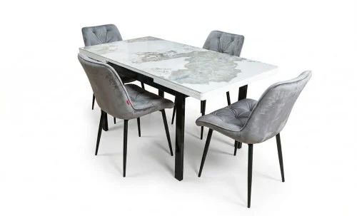 Set Masă Living Extensibilă Blat Ceramic KJT416 Alb-Cappuccino cu 4 Scaune KJC0357 Gri