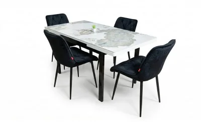 Set Masă Living Extensibilă Blat Ceramic KJT416 Alb-Cappuccino cu 4 Scaune KJC0357 Negre
