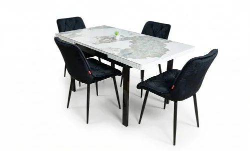 Set Masă Living Extensibilă Blat Ceramic KJT416 Alb-Cappuccino cu 4 Scaune KJC0357 Negre