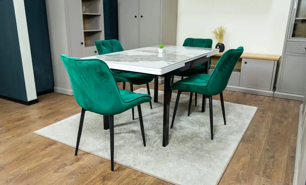 Set Masă Living Extensibilă Blat Ceramic KJT416 Alb-Cappuccino cu 4 Scaune KJC0357 Verzi