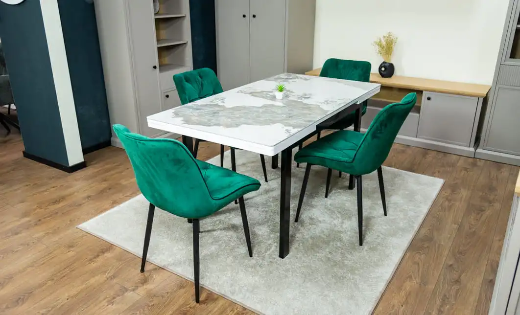 Set Masă Living Extensibilă Blat Ceramic KJT416 Alb-Cappuccino cu 4 Scaune KJC0357 Verzi