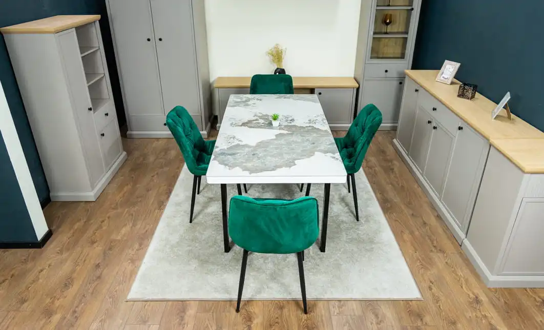 Set Masă Living Extensibilă Blat Ceramic KJT416 Alb-Cappuccino cu 4 Scaune KJC0357 Verzi 10