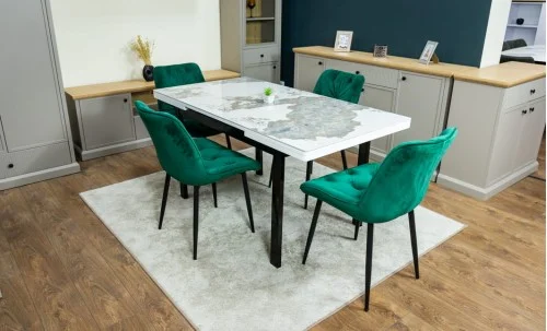Set Masă Living Extensibilă Blat Ceramic KJT416 Alb-Cappuccino cu 4 Scaune KJC0357 Verzi