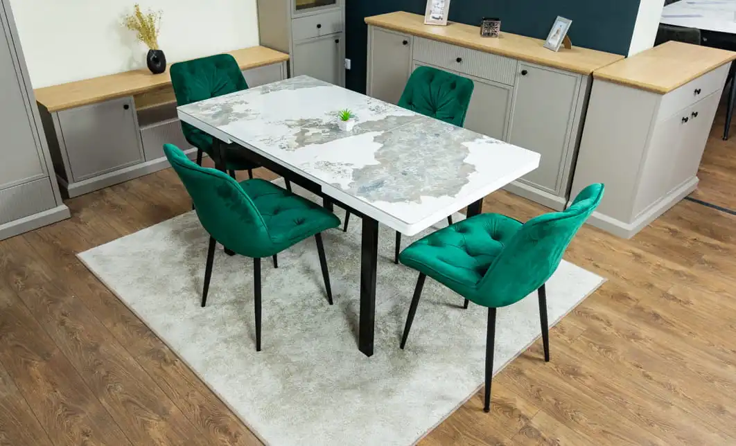 Set Masă Living Extensibilă Blat Ceramic KJT416 Alb-Cappuccino cu 4 Scaune KJC0357 Verzi 5