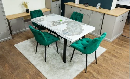 Set Masă Living Extensibilă Blat Ceramic KJT416 Alb-Cappuccino cu 4 Scaune KJC0357 Verzi