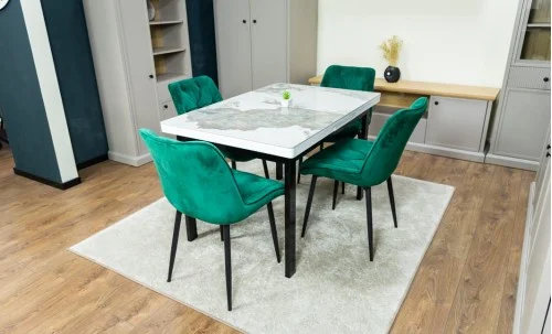 Set Masă Living Extensibilă Blat Ceramic KJT416 Alb-Cappuccino cu 4 Scaune KJC0357 Verzi
