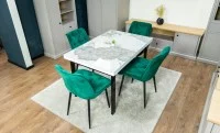 Set Masă Living Extensibilă Blat Ceramic KJT416 Alb-Cappuccino cu 4 Scaune KJC0357 Verzi