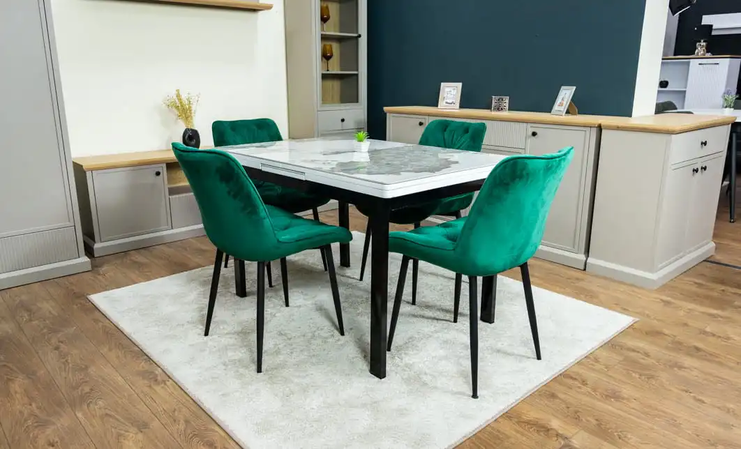 Set Masă Living Extensibilă Blat Ceramic KJT416 Alb-Cappuccino cu 4 Scaune KJC0357 Verzi 3