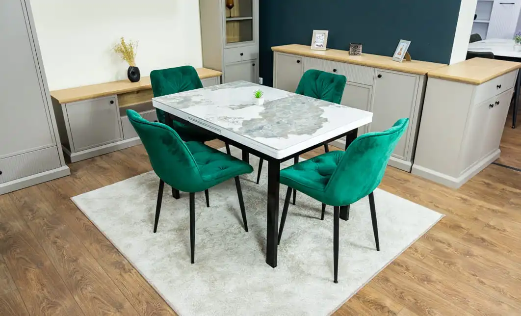 Set Masă Living Extensibilă Blat Ceramic KJT416 Alb-Cappuccino cu 4 Scaune KJC0357 Verzi