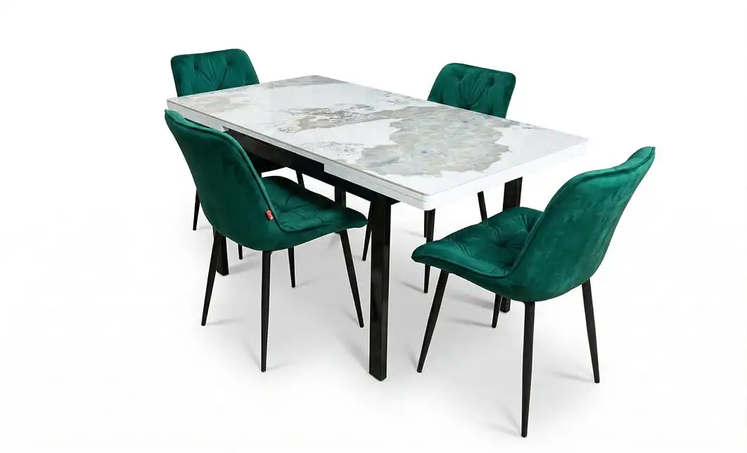 Set Masă Living Extensibilă Blat Ceramic KJT416 Alb-Cappuccino cu 4 Scaune KJC0357 Verzi 1