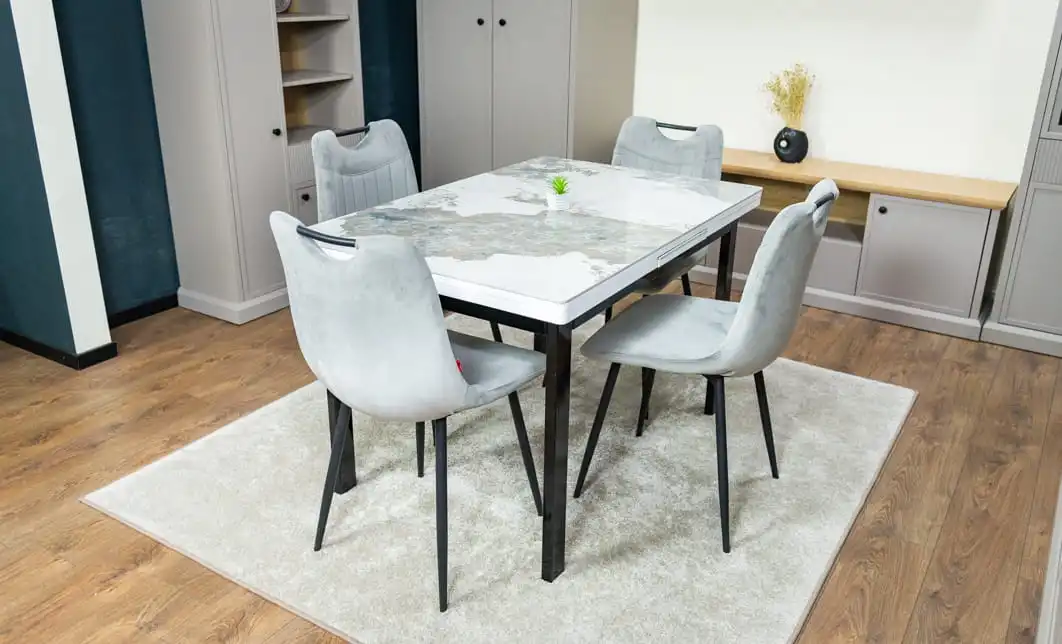 Set Masă Living Extensibilă Blat Ceramic KJT416 Alb-Cappuccino cu 4 Scaune KJC0358 Gri