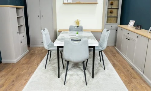 Set Masă Living Extensibilă Blat Ceramic KJT416 Alb-Cappuccino cu 4 Scaune KJC0358 Gri