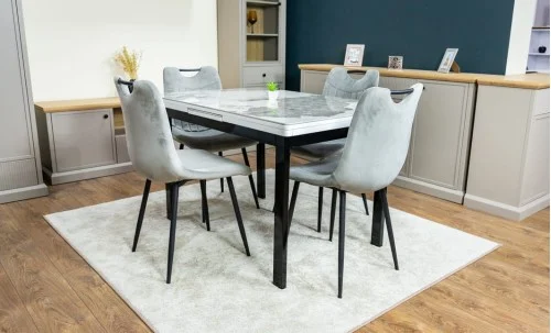 Set Masă Living Extensibilă Blat Ceramic KJT416 Alb-Cappuccino cu 4 Scaune KJC0358 Gri