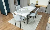 Set Masă Living Extensibilă Blat Ceramic KJT416 Alb-Cappuccino cu 4 Scaune KJC0358 Gri