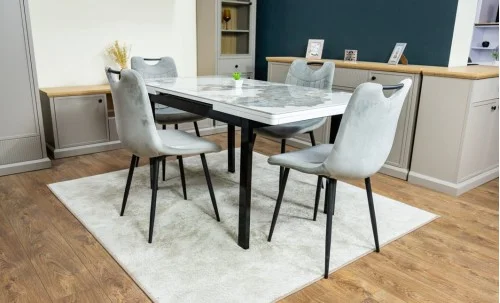 Set Masă Living Extensibilă Blat Ceramic KJT416 Alb-Cappuccino cu 4 Scaune KJC0358 Gri