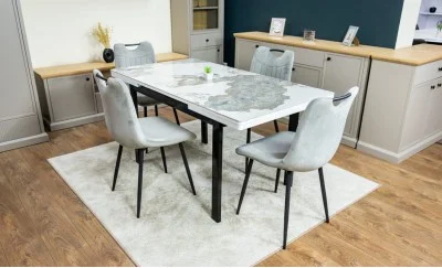 Set Masă Living Extensibilă Blat Ceramic KJT416 Alb-Cappuccino cu 4 Scaune KJC0358 Gri