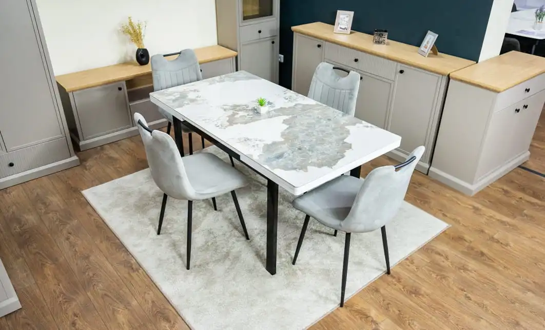 Set Masă Living Extensibilă Blat Ceramic KJT416 Alb-Cappuccino cu 4 Scaune KJC0358 Gri 2
