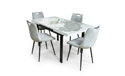 Set Masă Living Extensibilă Blat Ceramic KJT416 Alb-Cappuccino cu 4 Scaune KJC0358 Gri