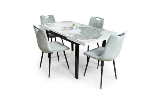 Set Masă Living Extensibilă Blat Ceramic KJT416 Alb-Cappuccino cu 4 Scaune KJC0358 Gri