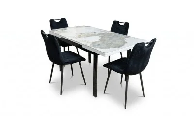 Set Masă Living Extensibilă Blat Ceramic KJT416 Alb-Cappuccino cu 4 Scaune KJC0358 Negre