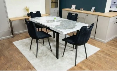 Set Masă Living Extensibilă Blat Ceramic KJT416 Alb-Cappuccino cu 4 Scaune KJC0358 Negre
