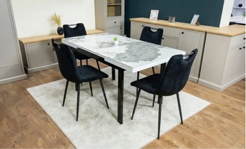 Set Masă Living Extensibilă Blat Ceramic KJT416 Alb-Cappuccino cu 4 Scaune KJC0358 Negre