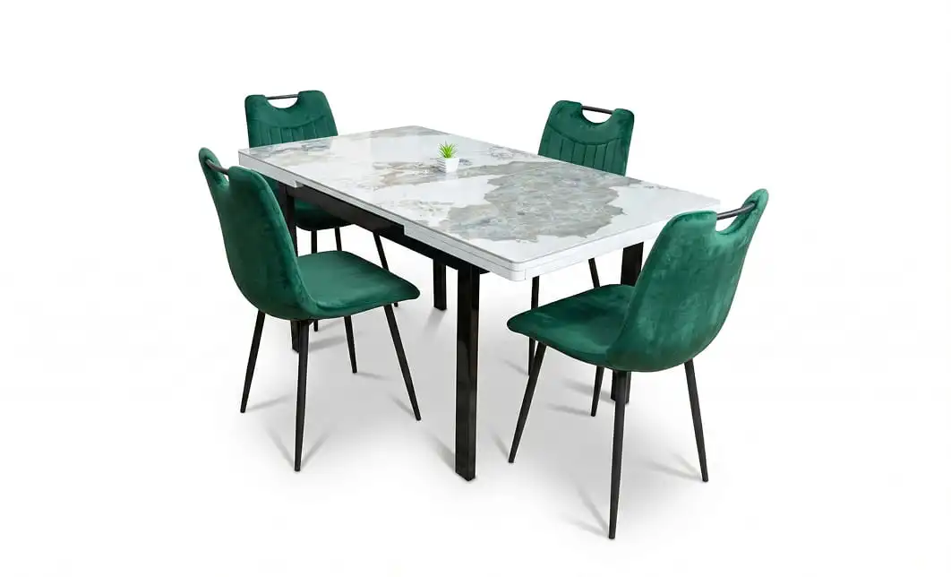 Set Masă Living Extensibilă Blat Ceramic KJT416 Alb-Cappuccino cu 4 Scaune KJC0358 Verzi 1