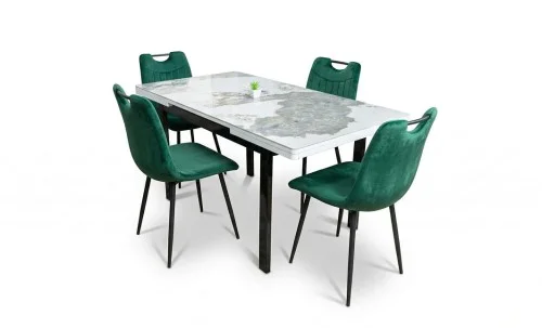 Set Masă Living Extensibilă Blat Ceramic KJT416 Alb-Cappuccino cu 4 Scaune KJC0358 Verzi