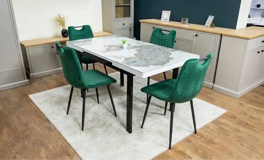Set Masă Living Extensibilă Blat Ceramic KJT416 Alb-Cappuccino cu 4 Scaune KJC0358 Verzi