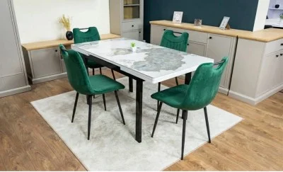 Set Masă Living Extensibilă Blat Ceramic KJT416 Alb-Cappuccino cu 4 Scaune KJC0358 Verzi