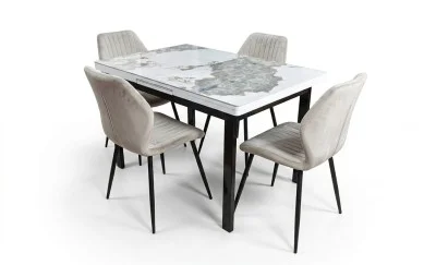 Set Masă Living Extensibilă Blat Ceramic KJT416 Alb-Cappuccino cu 4 Scaune KJC104 Bej