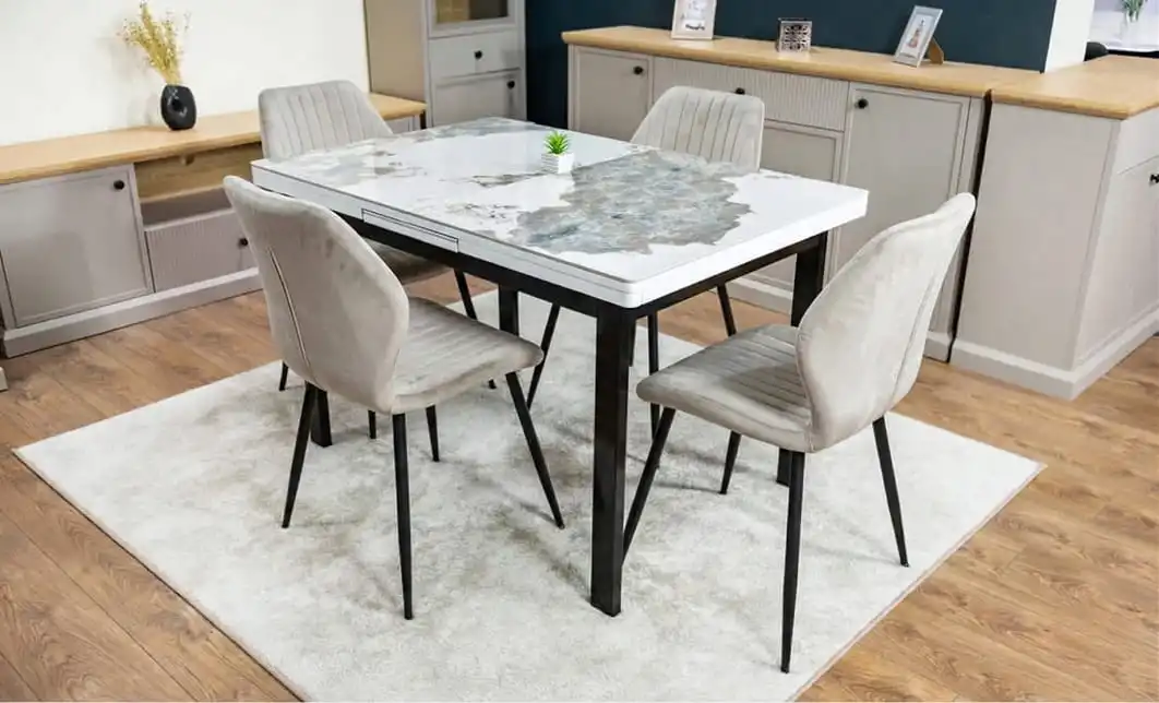 Set Masă Living Extensibilă Blat Ceramic KJT416 Alb-Cappuccino cu 4 Scaune KJC104 Bej
