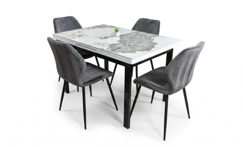 Set Masă Living Extensibilă Blat Ceramic KJT416 Alb-Cappuccino cu 4 Scaune KJC104 Gri