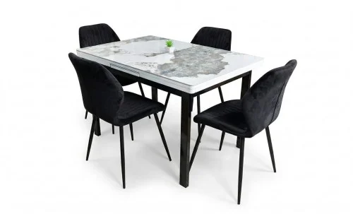 Set Masă Living Extensibilă Blat Ceramic KJT416 Alb-Cappuccino cu 4 Scaune KJC104 Negre