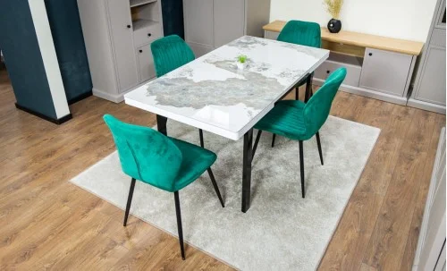 Set Masă Living Extensibilă Blat Ceramic KJT416 Alb-Cappuccino cu 4 Scaune KJC104 Verzi