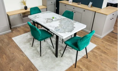 Set Masă Living Extensibilă Blat Ceramic KJT416 Alb-Cappuccino cu 4 Scaune KJC104 Verzi