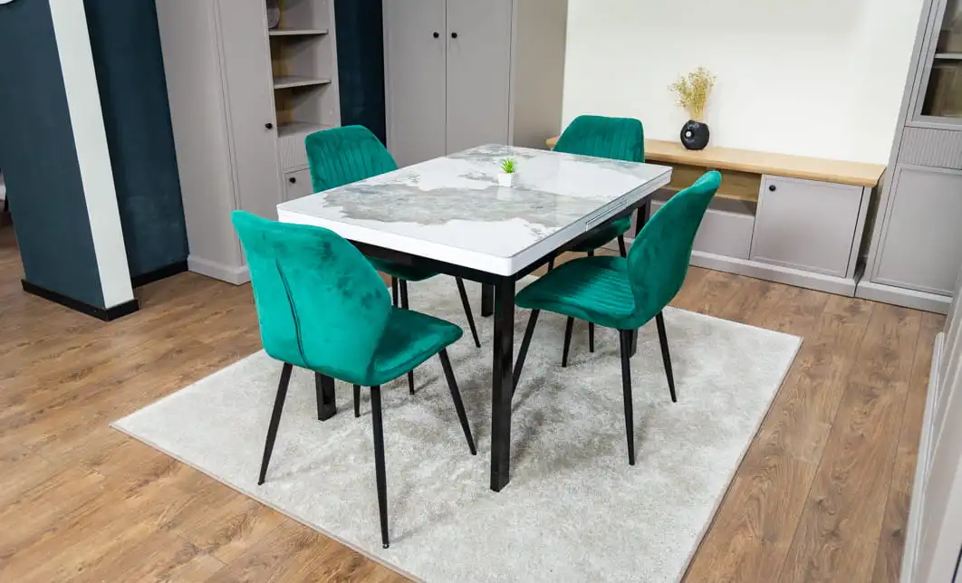 Set Masă Living Extensibilă Blat Ceramic KJT416 Alb-Cappuccino cu 4 Scaune KJC104 Verzi
