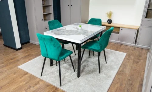 Set Masă Living Extensibilă Blat Ceramic KJT416 Alb-Cappuccino cu 4 Scaune KJC104 Verzi