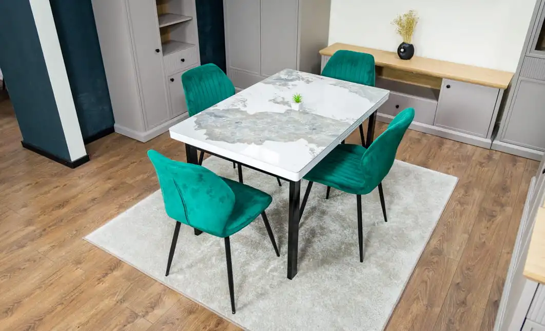 Set Masă Living Extensibilă Blat Ceramic KJT416 Alb-Cappuccino cu 4 Scaune KJC104 Verzi